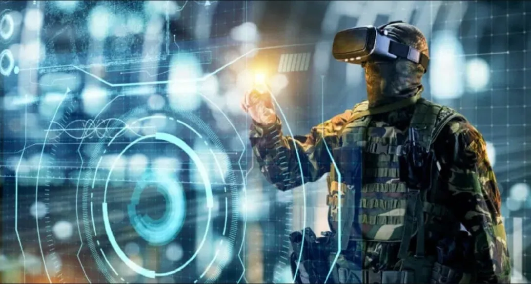 Військовий у VR-окулярах торкається віртуального інтерфейсу з голографічними колами й графіками — інтеграція інновацій…