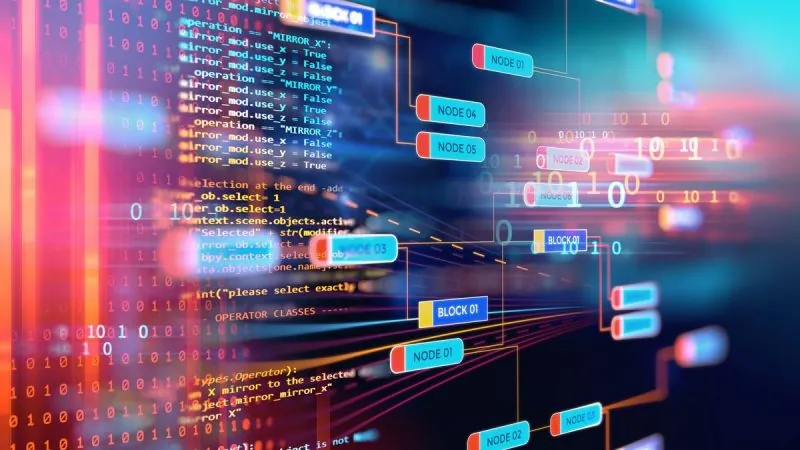 Абстрактний потік коду й двійкових чисел із підписаними блоками NODE 01–05 та BLOCK 01 — робота антивірусних систем і…