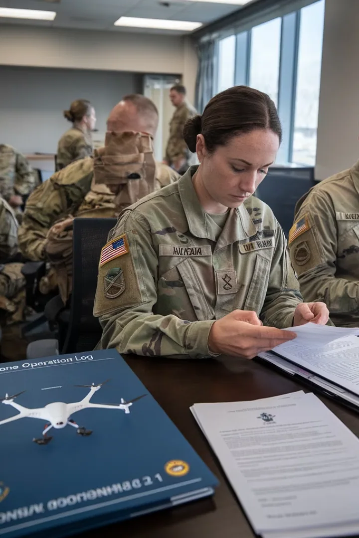 Військова за столом заповнює документи; перед нею тека з написом «Drone Operation Log» і зображенням дрона — журнал…