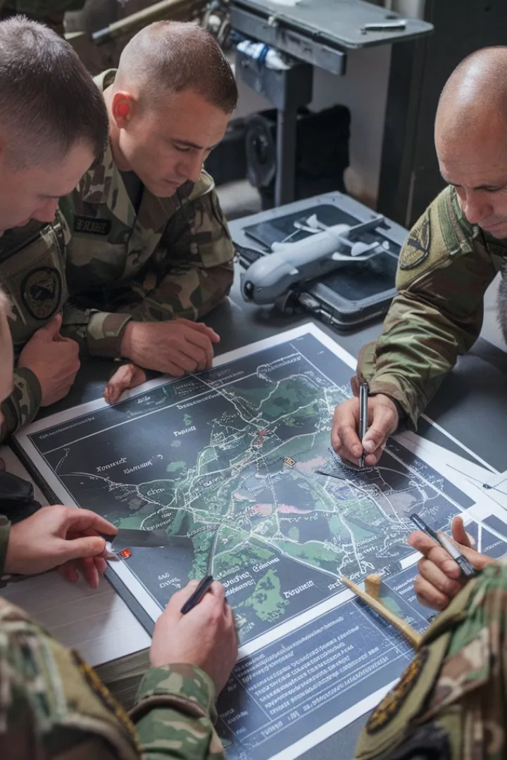Троє військових схилилися над великою картою місцевості, роблять позначки; поруч кейс із розвідувальним БпЛА…