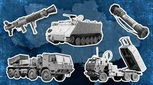 Колаж силуетів озброєння на синьому тлі: гранатомет, ПТРК, РСЗВ на шасі, бронемашина, ПЗРК, самохідна установка…