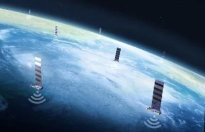 Кілька супутників Starlink над земною кулею, від кожного розходяться символи радіосигналу — угруповання на низькій…