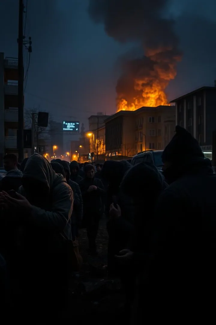 Нічна вулиця міста: натовп людей у куртках стоїть спиною до камери, попереду горить багатоповерхова будівля, стовп…