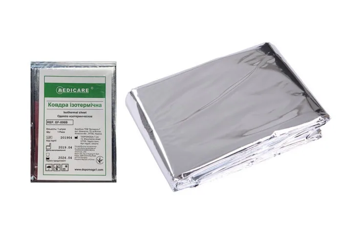 Термоковдра ізотермічна Medicare (isothermal sheet, REF EF-006B): упаковка та розгорнута срібляста фольгована ковдра…