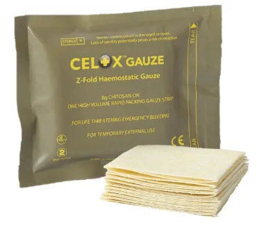 Кровозупинний бинт CELOX GAUZE (Z-Fold Haemostatic Gauze, хітозан) — упаковка та складена гемостатична марля для…