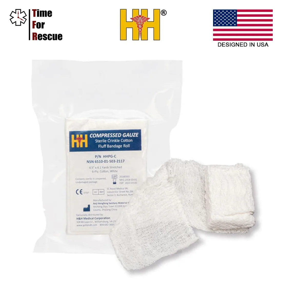 Стерильний бинт H&H Compressed Gauze (Sterile Crinkle Cotton Fluff Bandage Roll, P/N HHPG-C, NSN 6510-01-503-2117, 4,5…